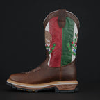 Patron Men’s Cowboy Work Boots, Pebbled Leather with Mexico Flag Embroidered Shaft, Square Toe - Chocolate Brown