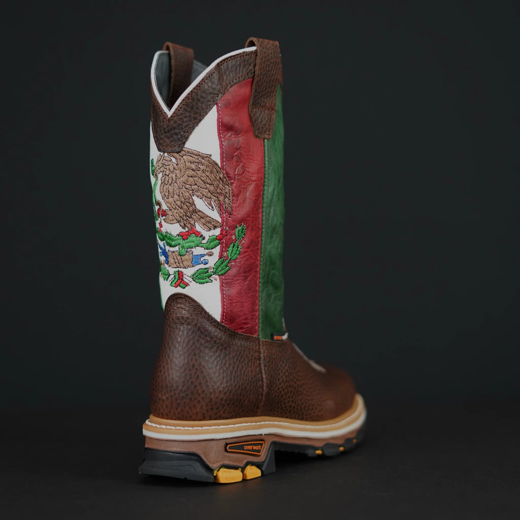 Patron Men’s Cowboy Work Boots, Pebbled Leather with Mexico Flag Embroidered Shaft, Square Toe - Chocolate Brown