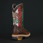 Patron Men’s Cowboy Work Boots, Pebbled Leather with Mexico Flag Embroidered Shaft, Square Toe - Chocolate Brown