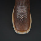 Patron Men’s Cowboy Work Boots, Pebbled Leather with Mexico Flag Embroidered Shaft, Square Toe - Chocolate Brown