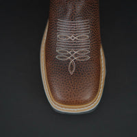 Patron Men’s Cowboy Work Boots, Pebbled Leather with Mexico Flag Embroidered Shaft, Square Toe - Chocolate Brown