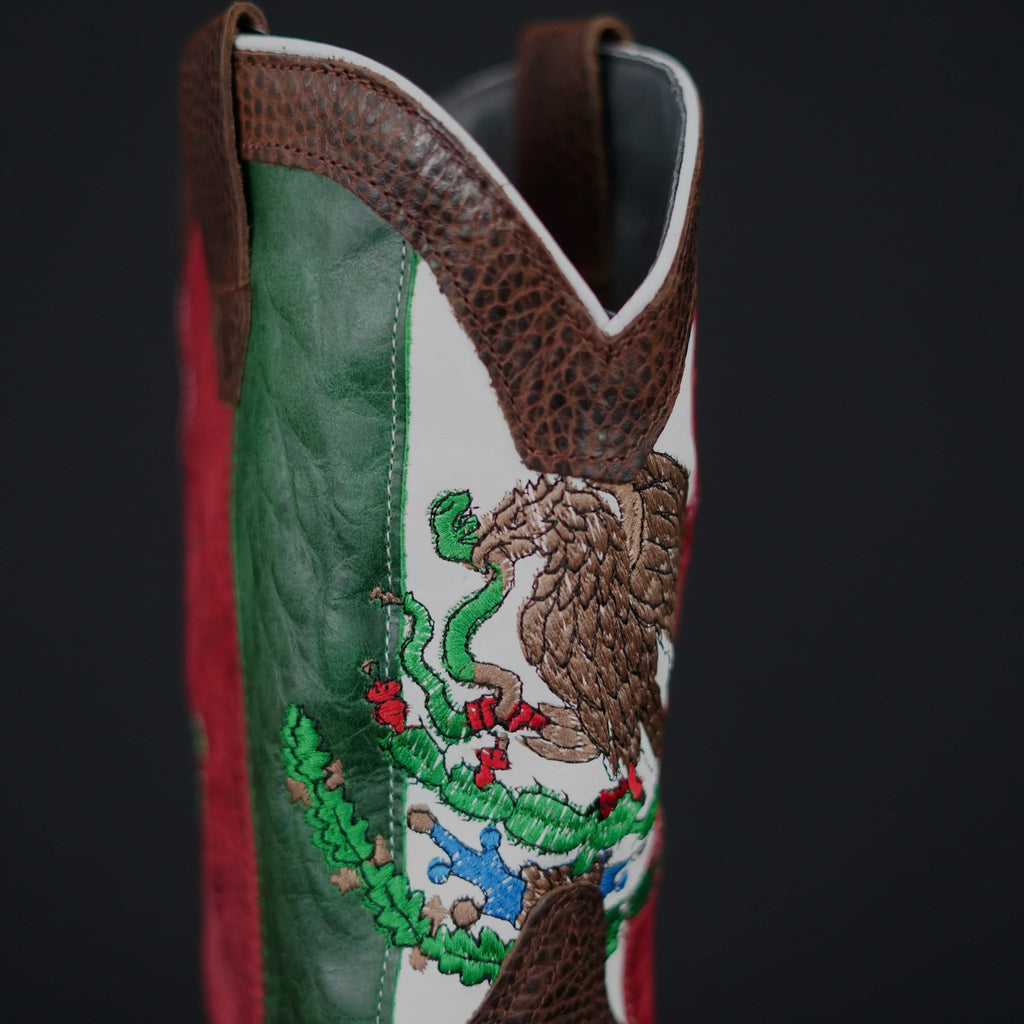 Patron Men’s Cowboy Work Boots, Pebbled Leather with Mexico Flag Embroidered Shaft, Square Toe - Chocolate Brown