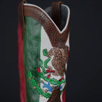Patron Men’s Cowboy Work Boots, Pebbled Leather with Mexico Flag Embroidered Shaft, Square Toe - Chocolate Brown