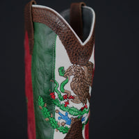 Patron Men’s Cowboy Work Boots, Pebbled Leather with Mexico Flag Embroidered Shaft, Square Toe - Chocolate Brown