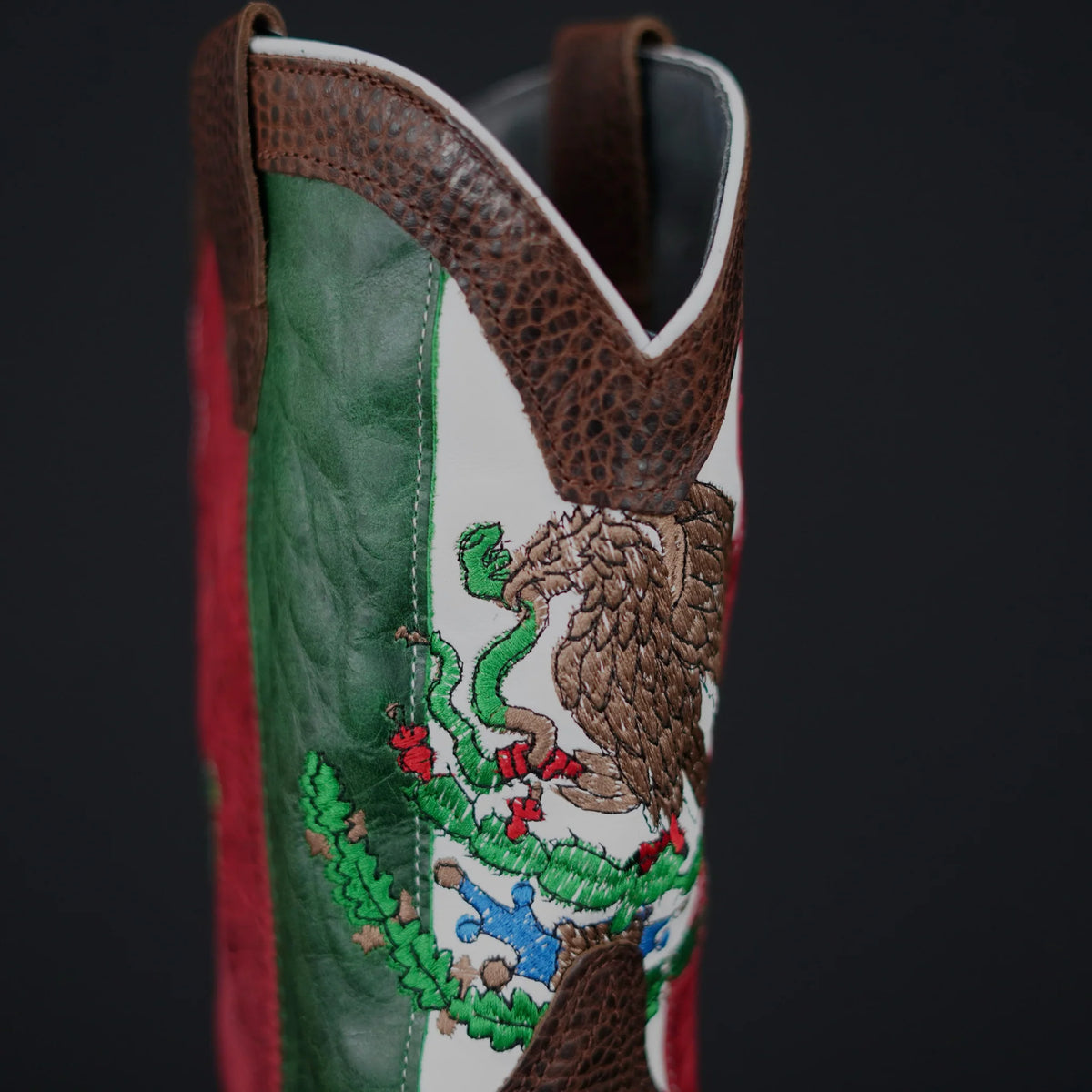 Patron Men’s Cowboy Work Boots, Pebbled Leather with Mexico Flag Embroidered Shaft, Square Toe - Chocolate Brown