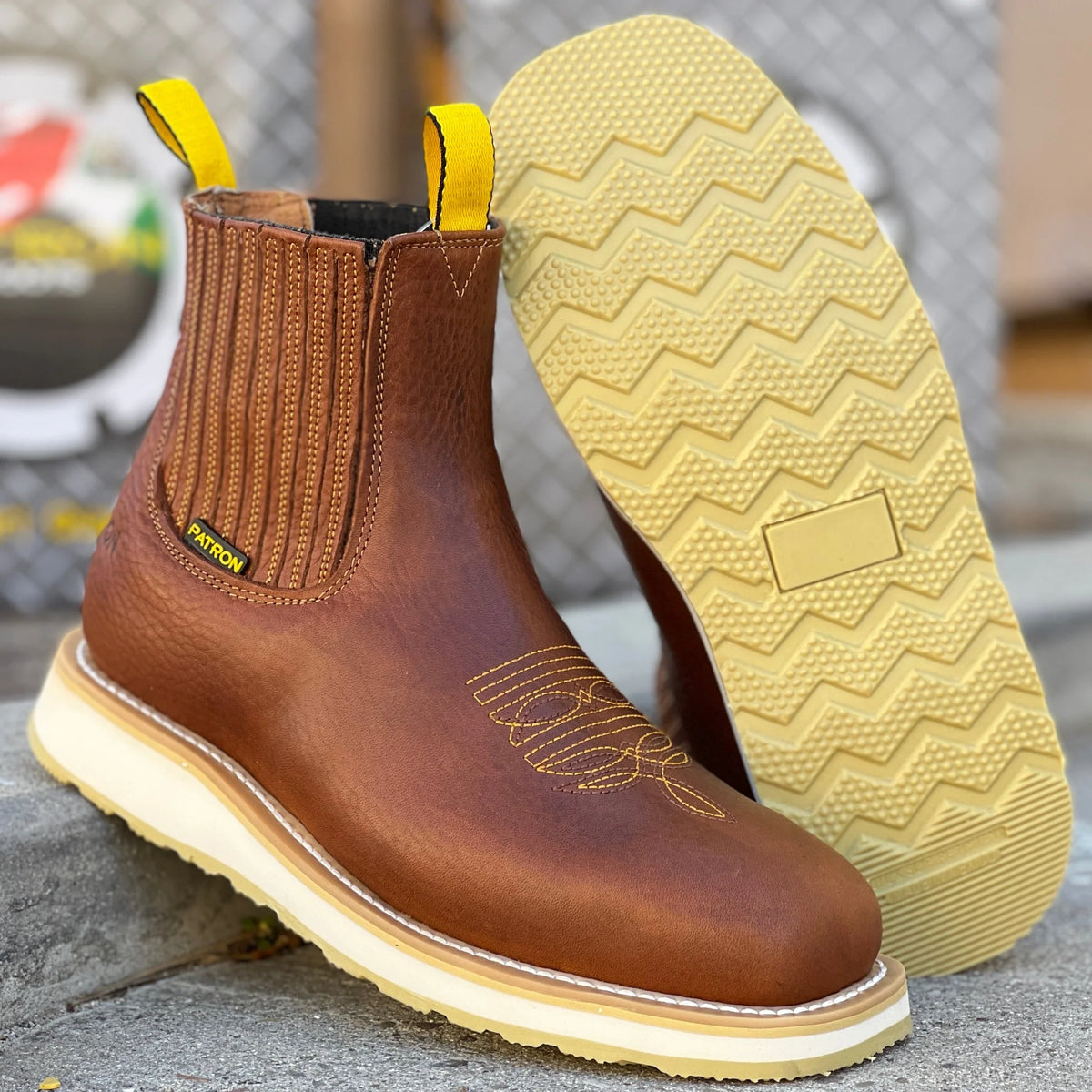 Patron Men’s Chelsea Work Boots, Floater Leather with Cream Wedge Sole, Square Toe - Honey Brown