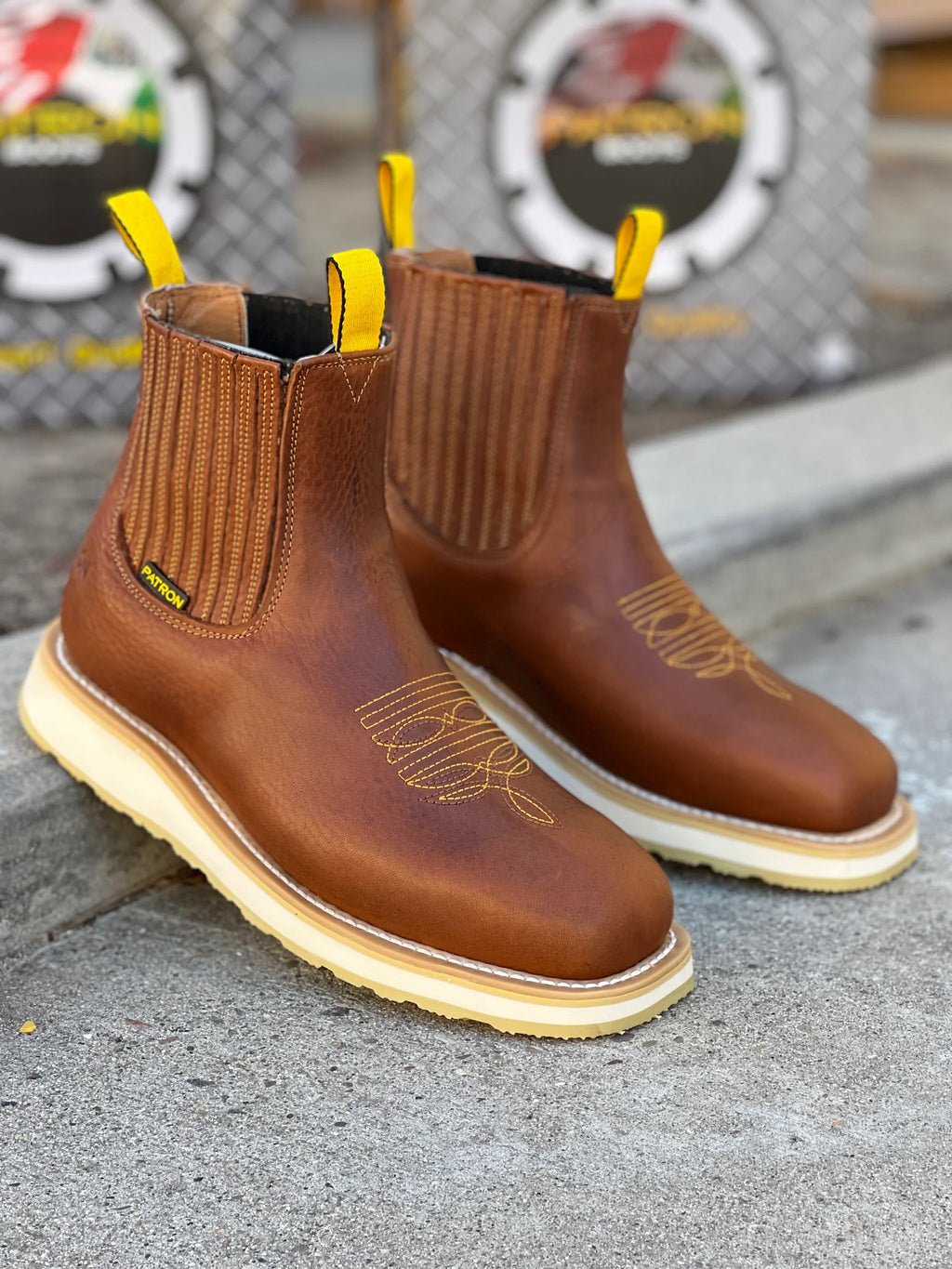 Patron Men’s Chelsea Work Boots, Floater Leather with Cream Wedge Sole, Square Toe - Honey Brown