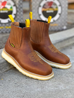 Patron Men’s Chelsea Work Boots, Floater Leather with Cream Wedge Sole, Square Toe - Honey Brown