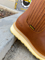 Patron Men’s Chelsea Work Boots, Floater Leather with Cream Wedge Sole, Square Toe - Honey Brown
