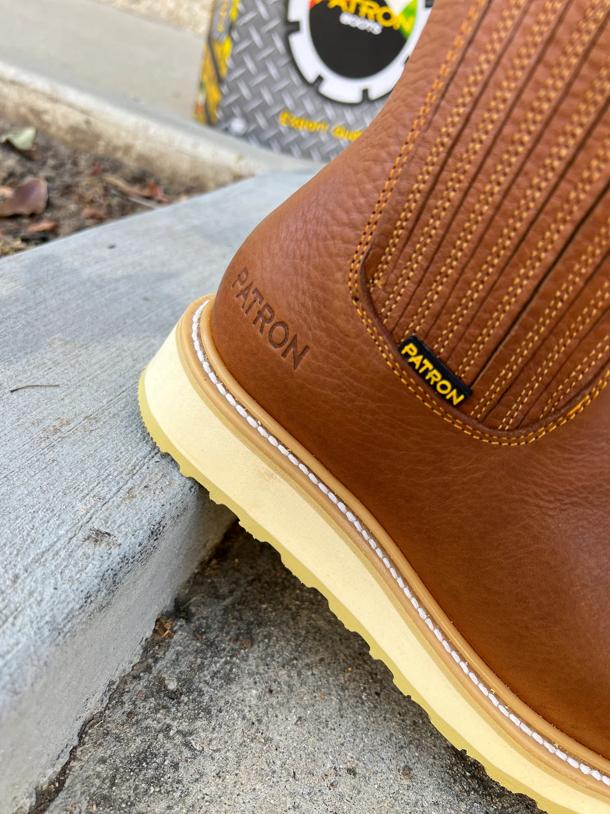 Patron Men’s Chelsea Work Boots, Floater Leather with Cream Wedge Sole, Square Toe - Honey Brown