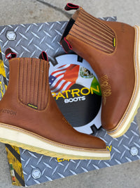 Patron Men’s Chelsea Work Boots, Floater Leather with Cream Wedge Sole, Square Toe - Honey Brown