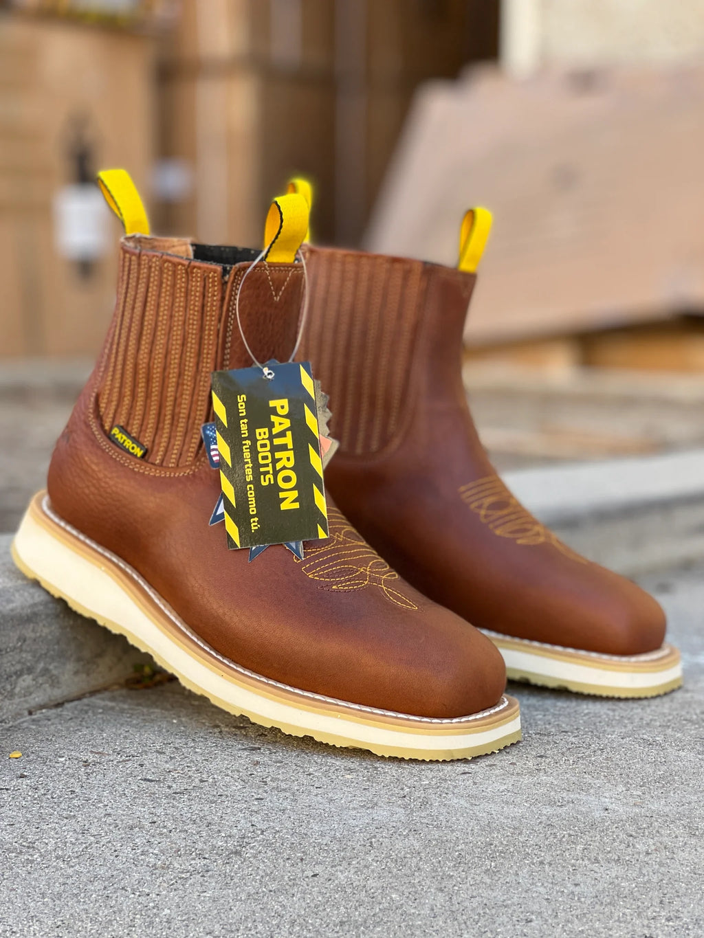 Patron Men’s Chelsea Work Boots, Floater Leather with Cream Wedge Sole, Square Toe - Honey Brown