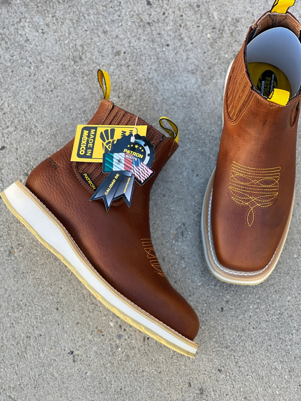 Patron Men’s Chelsea Work Boots, Floater Leather with Cream Wedge Sole, Square Toe - Honey Brown