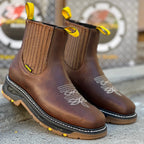 Patron Men’s Chelsea Work Boots, Leather with Black Rubber Sole, Square Toe - Ochre Brown