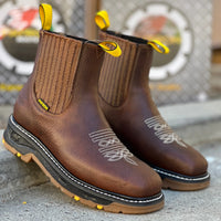 Patron Men’s Chelsea Work Boots, Leather with Black Rubber Sole, Square Toe - Ochre Brown