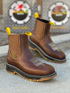 Patron Men’s Chelsea Work Boots, Leather with Black Rubber Sole, Square Toe - Ochre Brown