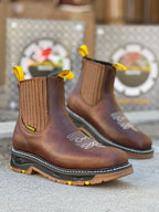 Patron Men’s Chelsea Work Boots, Leather with Black Rubber Sole, Square Toe - Ochre Brown