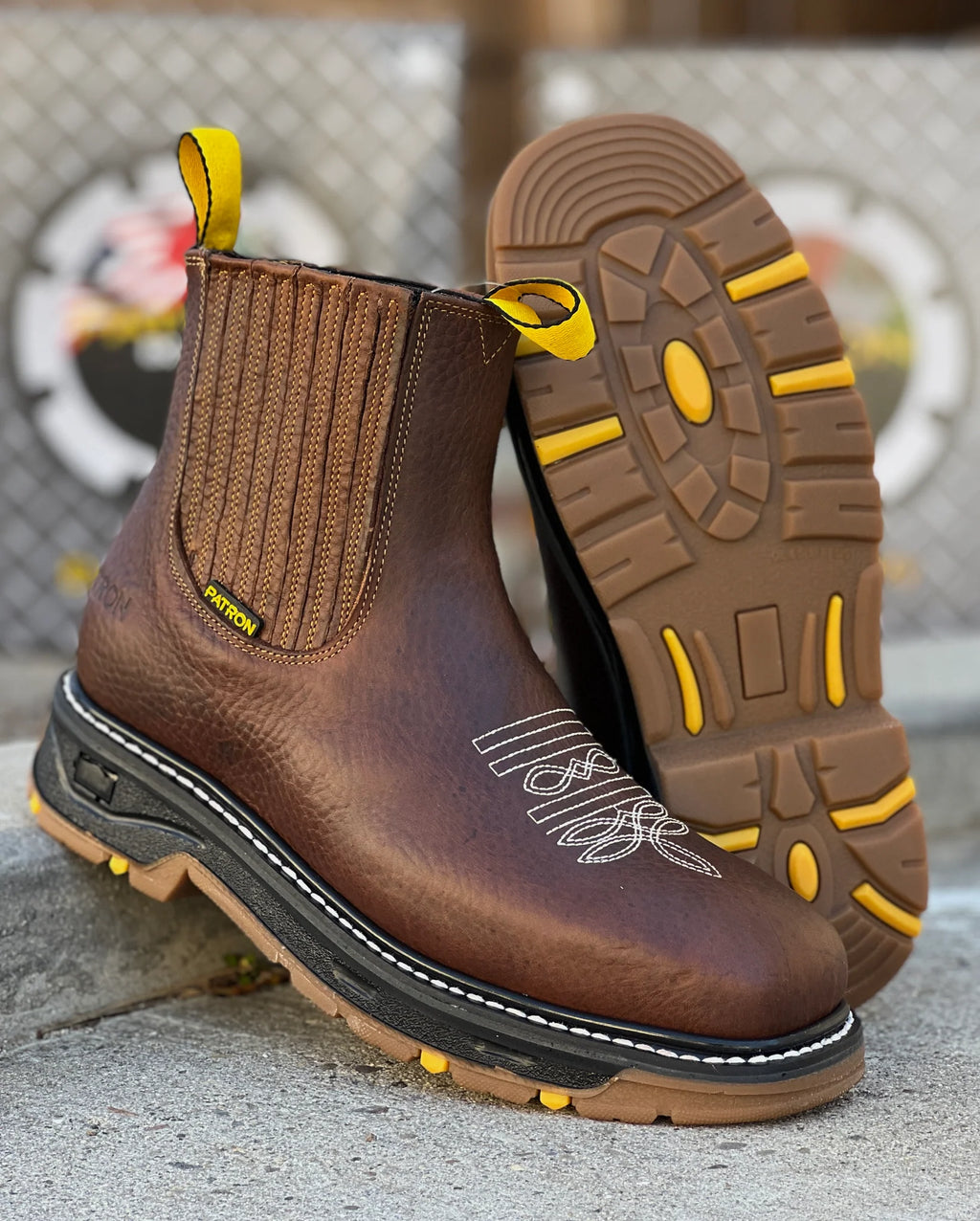 Patron Men’s Chelsea Work Boots, Leather with Black Rubber Sole, Square Toe - Ochre Brown