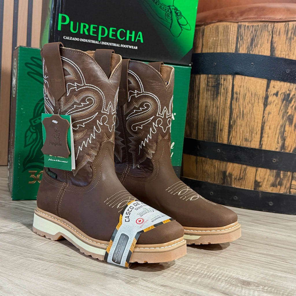 Patron Men’s Cowboy Work Boots, Crazy Horse Leather with Steel Toe and Embroidered Shaft, Square Steel Toe - Brown