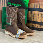 Patron Men’s Cowboy Work Boots, Crazy Horse Leather with Steel Toe and Embroidered Shaft, Square Steel Toe - Brown