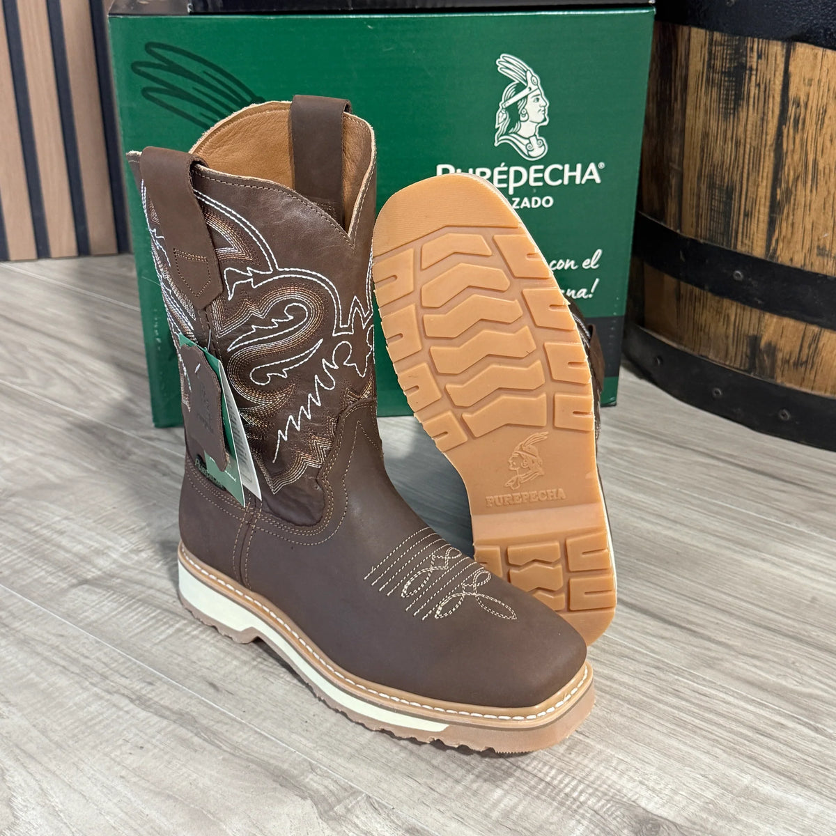 Patron Men’s Cowboy Work Boots, Crazy Horse Leather with Steel Toe and Embroidered Shaft, Square Steel Toe - Brown