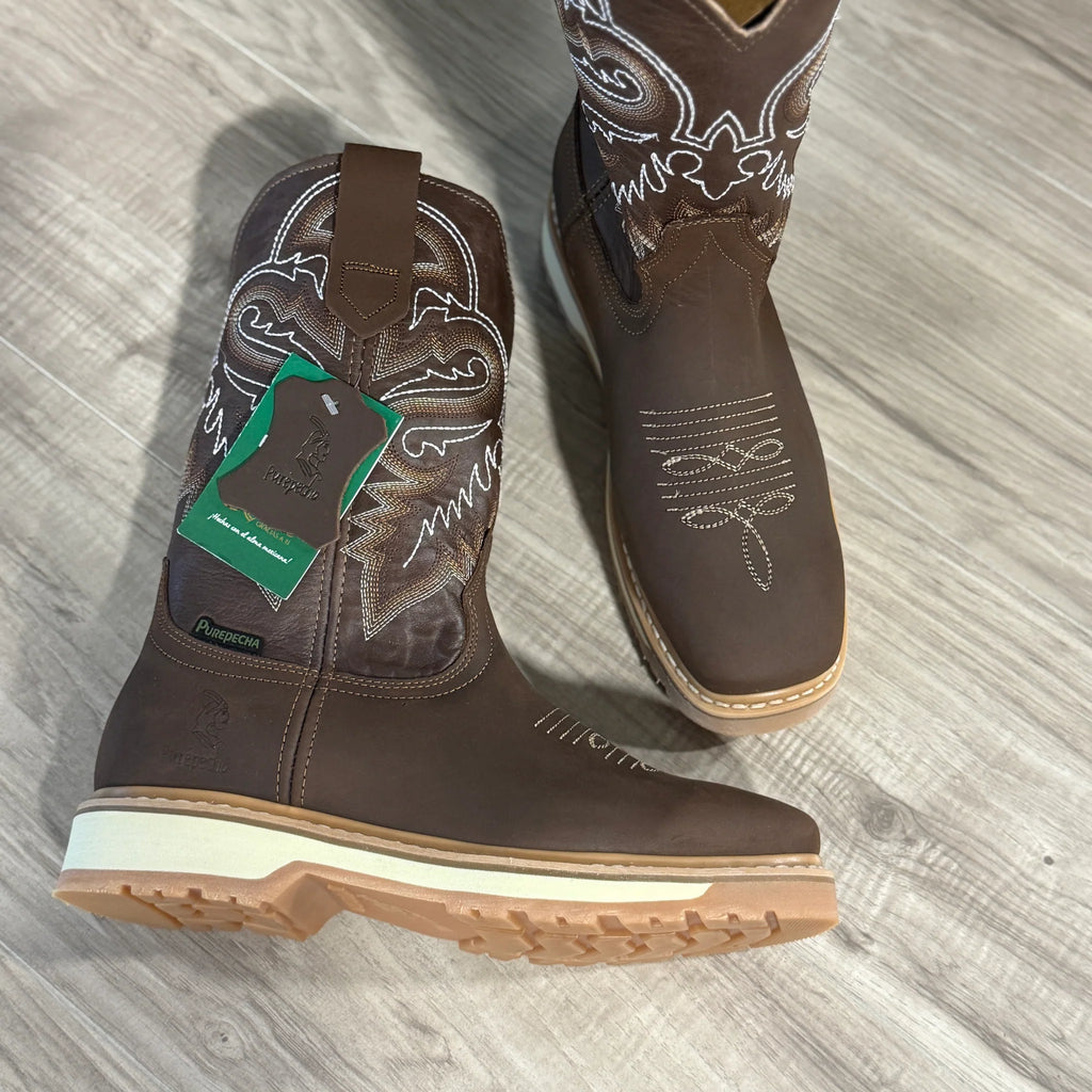 Patron Men’s Cowboy Work Boots, Crazy Horse Leather with Steel Toe and Embroidered Shaft, Square Steel Toe - Brown