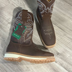 Patron Men’s Cowboy Work Boots, Crazy Horse Leather with Steel Toe and Embroidered Shaft, Square Steel Toe - Brown