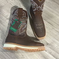 Patron Men’s Cowboy Work Boots, Crazy Horse Leather with Steel Toe and Embroidered Shaft, Square Steel Toe - Brown
