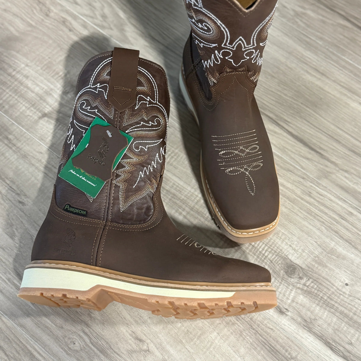 Patron Men’s Cowboy Work Boots, Crazy Horse Leather with Steel Toe and Embroidered Shaft, Square Steel Toe - Brown