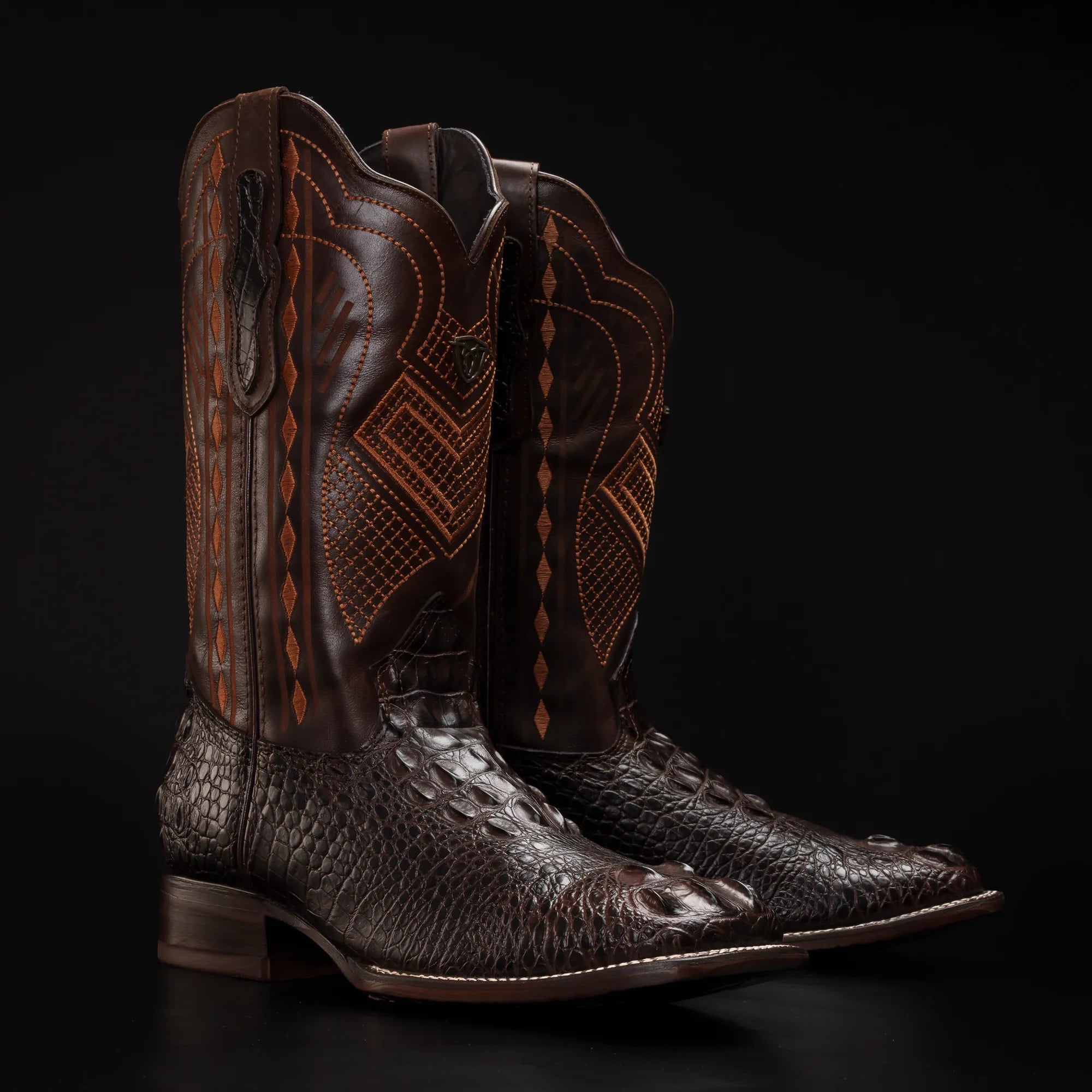 Rodeo Cartie Hornback Caiman Print Square Toe Cowboy Boots - Brown