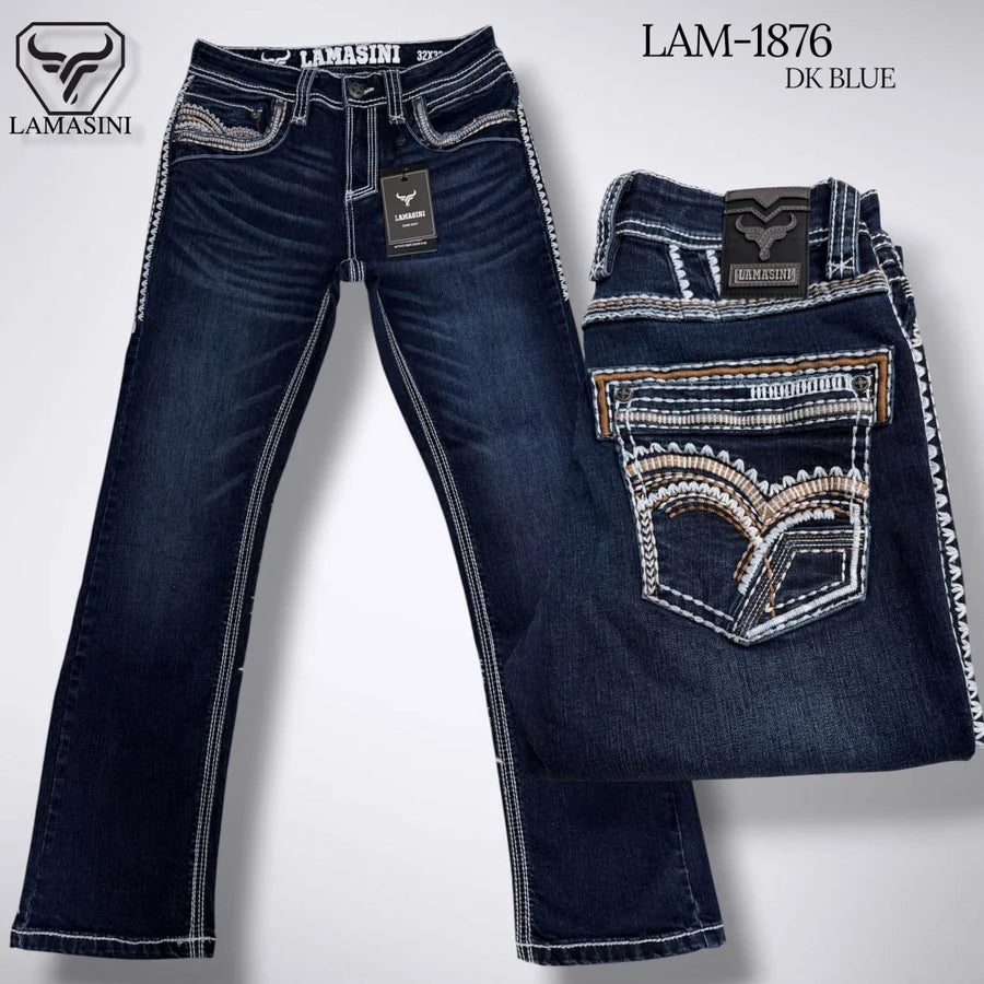 Men's Boot Cut Western Jeans – Stretch Denim Cowboy Pants - Dark Blue LAM-1876