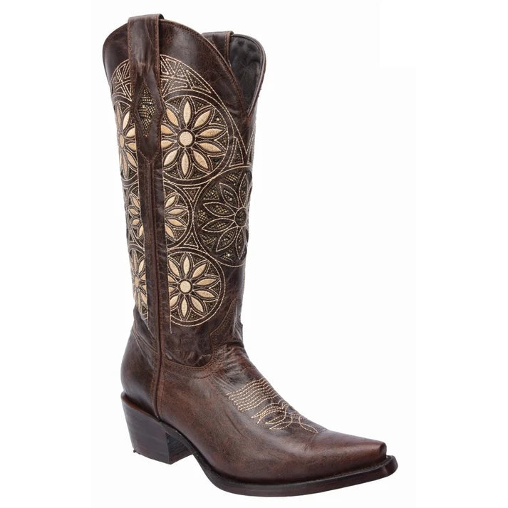 White Diamonds Women's Floral Embroidered Snip Toe Cowgirl Boots – Brown