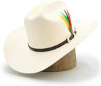 White cowboy hat with a colorful feather and black band on a white background