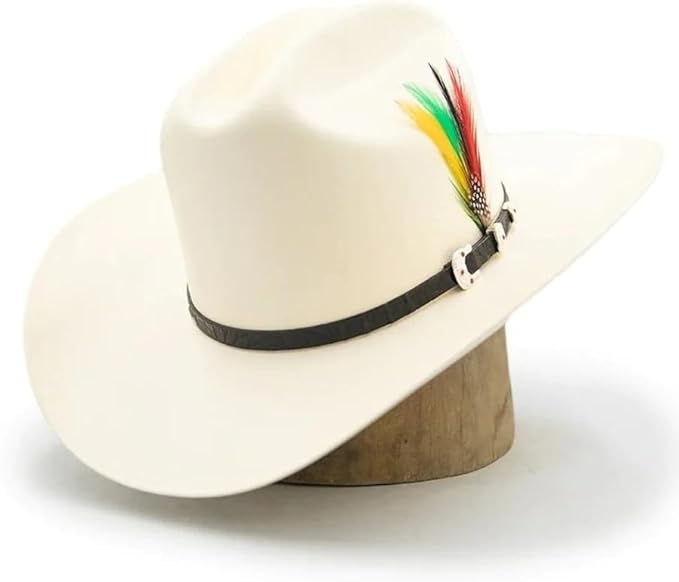 White cowboy hat with a colorful feather and black band on a white background