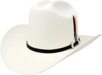 White cowboy hat with a black band and decorative emblem on a white background