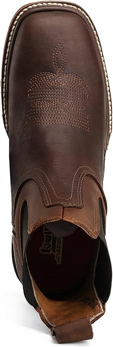 Brown leather boot with a visible brand logo on a white background