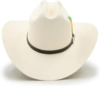 White cowboy hat with a black band on a white background