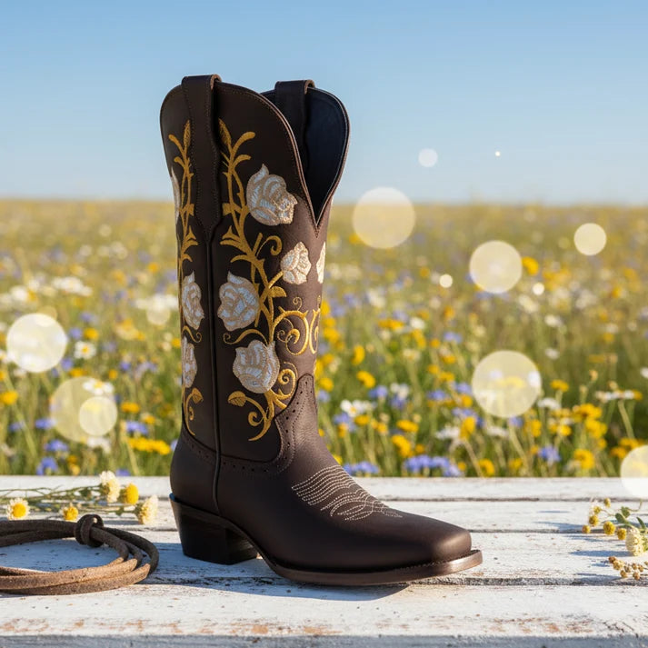 White Diamonds Women's Floral Embroidered Square Toe Rodeo Cowgirl Boots – Brown