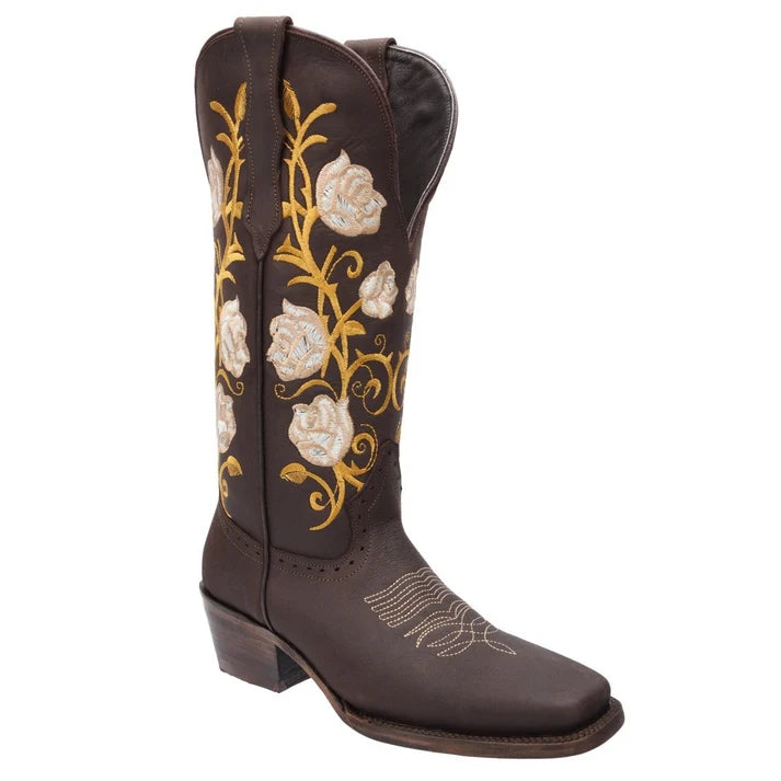 White Diamonds Women's Floral Embroidered Square Toe Rodeo Cowgirl Boots – Brown