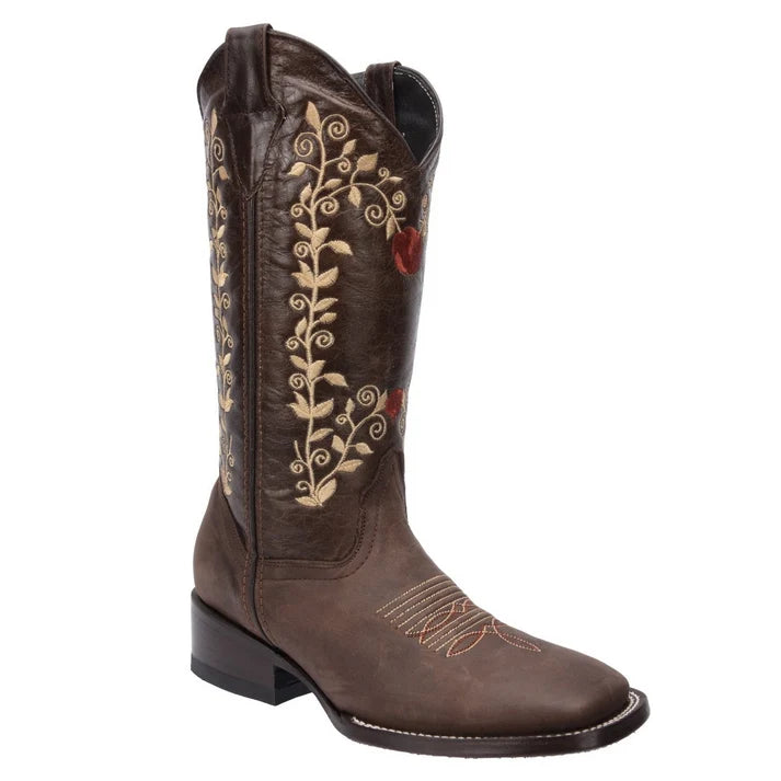 White Diamonds Women's Floral Embroidered Square Toe Rodeo Cowgirl Boots – Brown