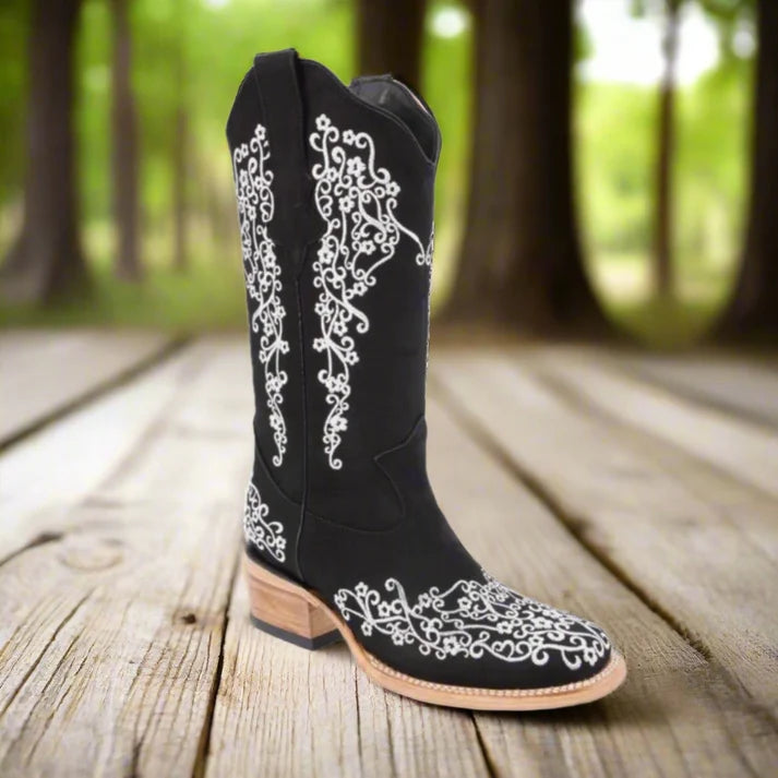White Diamonds Women's Embroidered Square Toe Rodeo Cowgirl Boots – Black