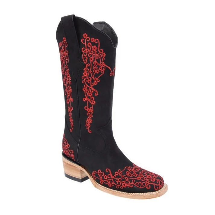 White Diamonds Women's Embroidered Square Toe Rodeo Cowgirl Boots – Black
