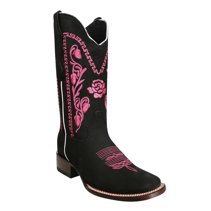 White Diamonds Women's Rose Embroidered Square Toe Rodeo Cowgirl Boots – Black