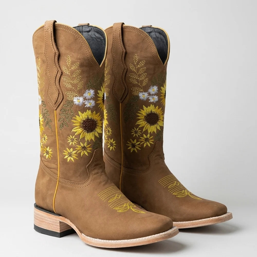 White Diamonds Women's Sunflower Embroidered Nubuck Square Toe Cowgirl Boots – Honey