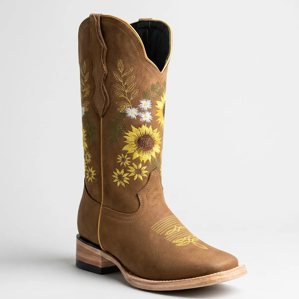 White Diamonds Women's Sunflower Embroidered Nubuck Square Toe Cowgirl Boots – Honey