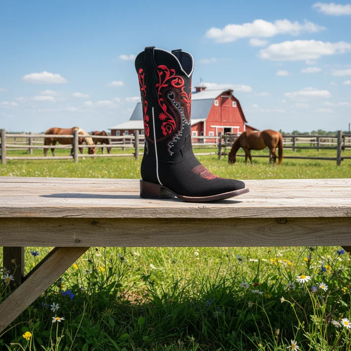 White Diamonds Women's Paisley Embroidered Nubuck Square Toe Cowgirl Boots – Black