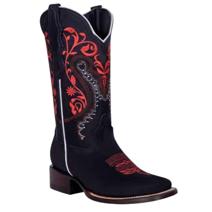 White Diamonds Women's Paisley Embroidered Nubuck Square Toe Cowgirl Boots – Black