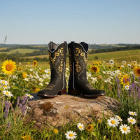 White Diamonds Women's Paisley Embroidered Nubuck Square Toe Cowgirl Boots – Black