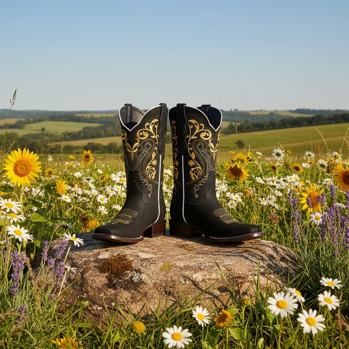 White Diamonds Women's Paisley Embroidered Nubuck Square Toe Cowgirl Boots – Black