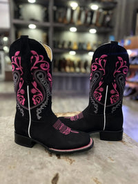 White Diamonds Women's Paisley Embroidered Nubuck Square Toe Cowgirl Boots – Black